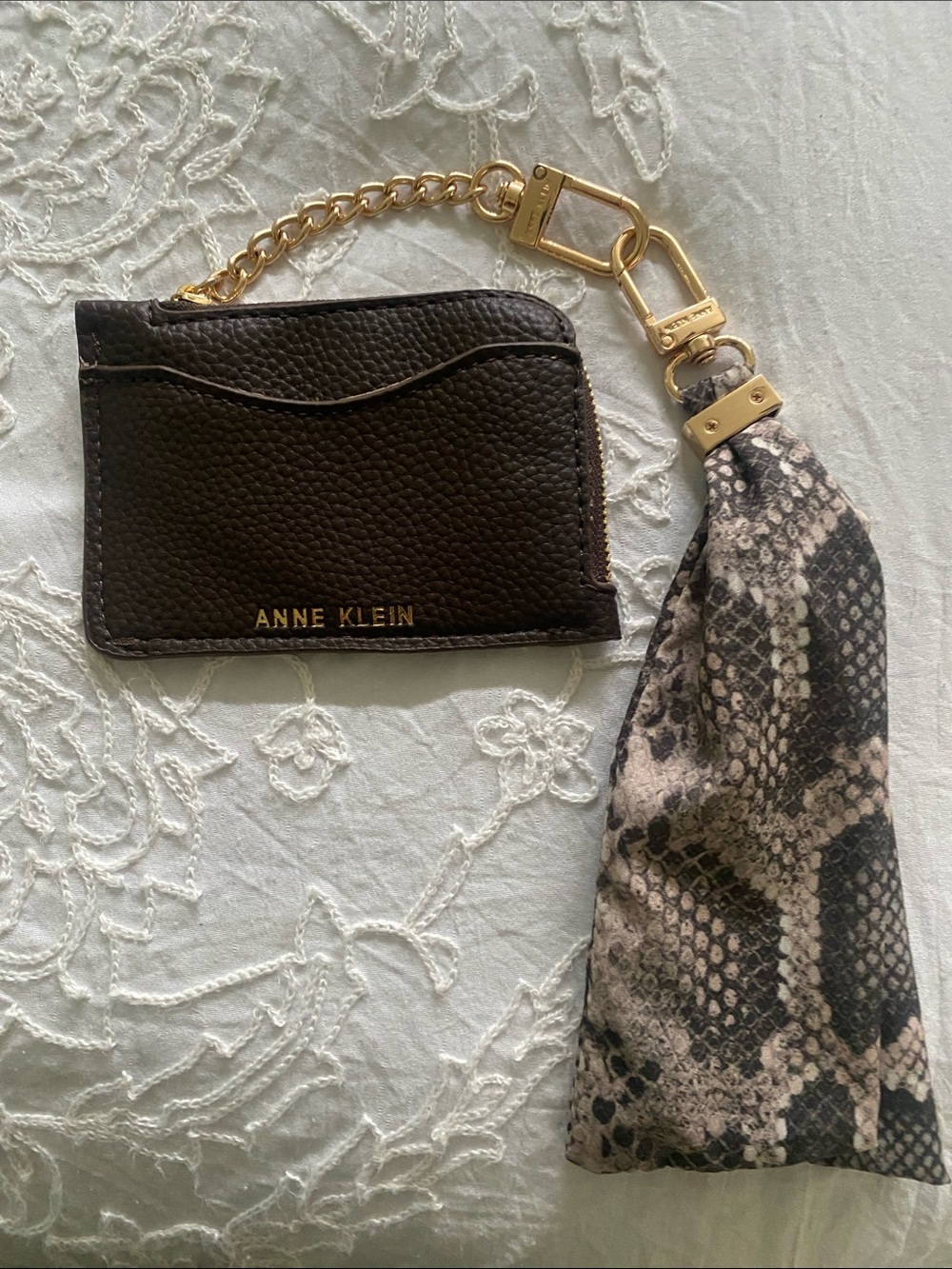 Anne Klein Brown Leather Card Holder with Gold Chain and Snake-Print Scarf Charm